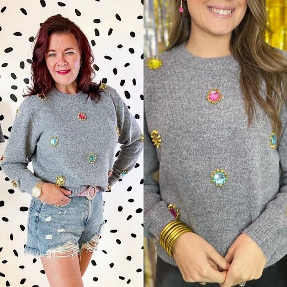Crew Neck Jeweled Pullover Sweater - Picture 1 of 8